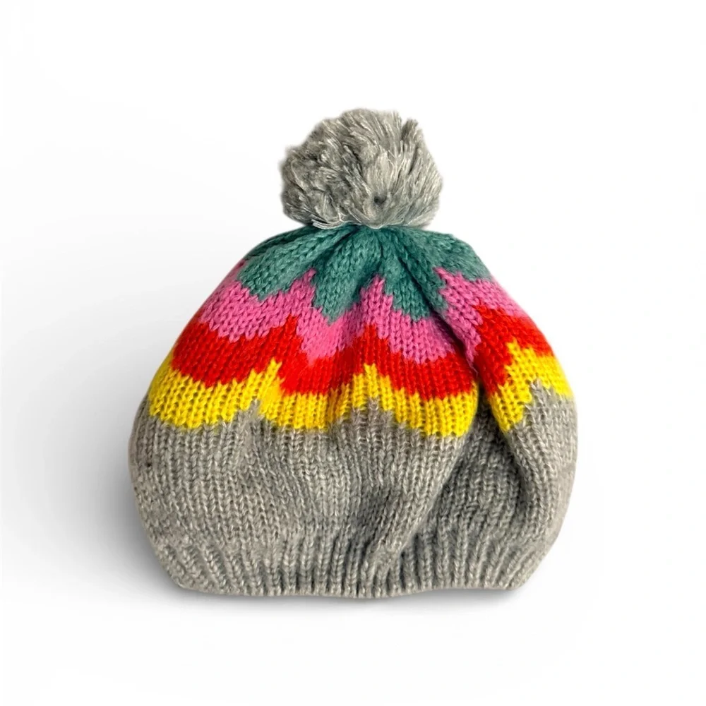 Mini Boden Gray Knit Hat with Pink, Red, Yellow, and Green Accents. Size XS
